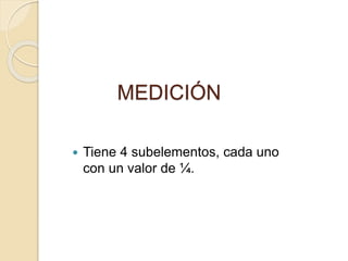 MEDICIÓN
 Tiene 4 subelementos, cada uno
con un valor de ¼.
 