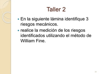 Taller 2
 En la siguiente lámina identifique 3
riesgos mecánicos.
 realice la medición de los riesgos
identificados utilizando el método de
William Fine.
20
 