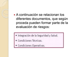  A continuación se relacionan los
diferentes documentos, que según
proceda pueden formar parte de la
evaluación de riesgos:
 