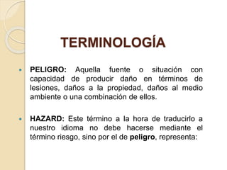 TERMINOLOGÍA
 PELIGRO: Aquella fuente o situación con
capacidad de producir daño en términos de
lesiones, daños a la propiedad, daños al medio
ambiente o una combinación de ellos.
 HAZARD: Este término a la hora de traducirlo a
nuestro idioma no debe hacerse mediante el
término riesgo, sino por el de peligro, representa:
 