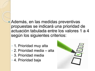  Además, en las medidas preventivas
propuestas se indicará una prioridad de
actuación tabulada entre los valores 1 a 4
según los siguientes criterios:
◦ 1. Prioridad muy alta
◦ 2. Prioridad media – alta
◦ 3. Prioridad media
◦ 4. Prioridad baja
 