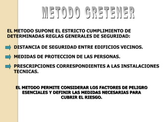 EL METODO SUPONE EL ESTRICTO CUMPLIMIENTO DE
DETERMINADAS REGLAS GENERALES DE SEGURIDAD:
DISTANCIA DE SEGURIDAD ENTRE EDIFICIOS VECINOS.
MEDIDAS DE PROTECCION DE LAS PERSONAS.
PRESCRIPCIONES CORRESPONDIENTES A LAS INSTALACIONES
TECNICAS.
EL METODO PERMITE CONSIDERAR LOS FACTORES DE PELIGRO
ESENCIALES Y DEFINIR LAS MEDIDAS NECESARIAS PARA
CUBRIR EL RIESGO.
 