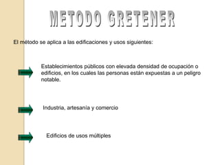 El método se aplica a las edificaciones y usos siguientes:
Establecimientos públicos con elevada densidad de ocupación o
edificios, en los cuales las personas están expuestas a un peligro
notable.
Industria, artesanía y comercio
Edificios de usos múltiples
 