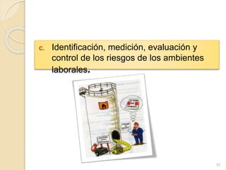 c. Identificación, medición, evaluación y
control de los riesgos de los ambientes
laborales.
97
 