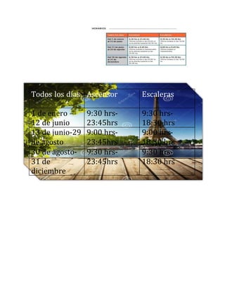 Horario de visita s
torre Eiffel
Todos los días Ascensor Escaleras
1 de enero –
12 de junio
9:30 hrs-
23:45hrs
9:30 hrs-
18:30 hrs
13 de junio-29
de agosto
9:00 hrs-
23:45hrs
9:00 hrs-
18:30 hrs
30 de agosto-
31 de
diciembre
9:30 hrs-
23:45hrs
9:30 hrs-
18:30 hrs