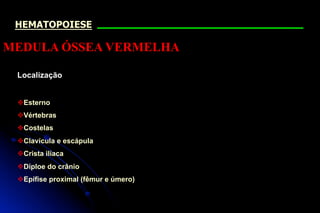 MEDULA ÓSSEA VERMELHA
Localização
vEsterno
vVértebras
vCostelas
vClavícula e escápula
vCrista ilíaca
vDíploe do crânio
vEpífise proximal (fêmur e úmero)
HEMATOPOIESE
 