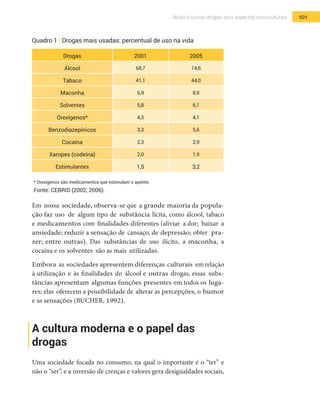 101Álcool e outras drogas: seus aspectos socioculturais
Quadro 1 | Drogas mais usadas: percentual de uso na vida
Drogas 2001 2005
Álcool 68,7 74,6
Tabaco 41,1 44,0
Maconha 6,9 8,8
Solventes 5,8 6,1
Orexígenos* 4,3 4,1
Benzodiazepínicos 3,3 5,6
Cocaína 2,3 2,9
Xaropes (codeína) 2,0 1,9
Estimulantes 1,5 3,2
* Orexígenos são medicamentos que estimulam o apetite.
Fonte: CEBRID (2002; 2006).
Em nossa sociedade, observa-se que a grande maioria da popula-
ção faz uso de algum tipo de substância lícita, como álcool, tabaco
e medicamentos com finalidades diferentes (aliviar a dor; baixar a
ansiedade; reduzir a sensação de cansaço, de depressão; obter pra-
zer; entre outras). Das substâncias de uso ilícito, a maconha, a
cocaína e os solventes são as mais utilizadas.
Embora as sociedades apresentem diferenças culturais em relação
à utilização e às finalidades do álcool e outras drogas, essas subs-
tâncias apresentam algumas funções presentes em todos os luga-
res: elas oferecem a possibilidade de alterar as percepções, o humor
e as sensações (BUCHER, 1992).
A cultura moderna e o papel das
drogas
Uma sociedade focada no consumo, na qual o importante é o “ter” e
não o “ser”, e a inversão de crenças e valores gera desigualdades sociais,
 