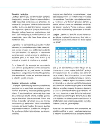 Especialización docente para primer ciclo de educación básica




Ejercicio y práctica                                       Juegos bien diseñados, rompecabezas y otras
Las hojas de trabajo y las láminas son ejemplos            actividades pueden ser herramientas adecuadas
de ejercicio y práctica. El asunto es dar al alum-         de aprendizaje. Cuando los y las estudiantes hacen
nado bastantes ejercicios para practicar, de               y venden en una “tienda”, preparan carteles y
manera tal, que pueda recordar la información              avisos, son reforzadas sus habilidades numéricas,
rápida y fácilmente. Las láminas son populares             de lectura y escritura. Piense en algunos juegos
para ejercitar y practicar porque pueden reu-              y en cómo modificarlos y aplicarlos en la escuela.
tilizarse e incluso, hacer sus propios juegos con
ellas. Son útiles porque pueden comenzar con               Juegos Lúdicos. El “BINGO” es una manera di-
unas pocas y hacer más, hasta llegar a tener un            vertida de practicar los números. Aquí está un
montón de ellas.                                           ejemplo de lo que puede parecer una de las tarjetas
                                                           de BINGO:
La práctica y el ejercicio individual pueden resultar
eficaces si el o la estudiante entiende los conceptos,
                                                                  B          I         N        G        O
pero comete errores o tiene problemas recordando
                                                                   7         2         6        0        9
principios básicos. Por ejemplo, si sabe cómo
                                                                   6         1         8        7        2
sumar pero aún comete errores, la práctica va a
                                                                   3         8      Gratis      4        4
ayudarle, pero si no sabe cómo sumar y no
entiende el proceso, la práctica no le ayudará.                    5         4         7        8        6
                                                                   9         6         3        2        1

En el desarrollo del lenguaje, es conveniente
usar patrones que ayuden a hacer las conexiones            Los y las estudiantes pueden dibujar en su
entre lenguaje oral y lenguaje escrito. Las familias       cuaderno su propia tarjeta de BINGO y elegir
de palabras son particularmente útiles para los            diversos números del uno al diez para poner en
y las estudiantes porque les ayudan a entender             cada espacio. El o la docente o un estudiante
la relación sonido-símbolo.                                voluntario/a dice en voz alta una letra y un número,
                                                           tal como G2, luego lo registra. El alumnado busca
Juegos y actividades lúdicas                               el número 2 en la columna bajo G. Si el estudiante
Los juegos supervisados y las actividades lúdicas          encuentra 2 en la columna de G, pone un marcador
que refuerzan el aprendizaje son positivos, ya que         tal como un pedazo pequeño de papel en el espacio
resultan divertidos y hacen el aprendizaje más             G2. El o la primera estudiante que cubre una fila
liviano. El estudiantado se involucra y el proceso         de cinco espacios ya sea de forma horizontal,
de aprendizaje resulta ameno. Siendo que los               vertical o diagonalmente grita “BINGO”, luego dice
juegos educativos y las actividades lúdicas son            qué espacios ha cubierto para comprobar con el
formas de ejercitar y practicar, tienen las mismas         o la llamadora para serciorarse que estén correctos.
limitaciones ya señaladas. Estas actividades               Si están correctos, gana el juego.
necesitan ser supervisadas, de manera que las
respuestas incorrectas puedan ser corregidas.              Para los y las estudiantes más avanzadas, es
De otra forma, el alumnado reforzará sus equivo-           posible modificar el juego y usarlo para practicar
caciones.                                                  la adición o la substracción. El o la docente presenta



                                                                                             Evaluación continua    53
 
