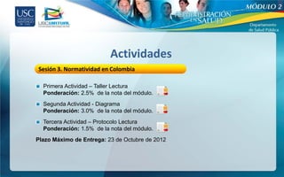 2




                          Actividades
Sesión 3. Normatividad en Colombia

  Primera Actividad – Taller Lectura
  Ponderación: 2.5% de la nota del módulo.
  Segunda Actividad - Diagrama
  Ponderación: 3.0% de la nota del módulo.
  Tercera Actividad – Protocolo Lectura
  Ponderación: 1.5% de la nota del módulo.
Plazo Máximo de Entrega: 23 de Octubre de 2012
 