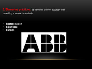 3. Elementos prácticos: los elementos prácticos subyacen en el
contenido y el alcance de un diseño

• Representación
• Significado
• Función

 
