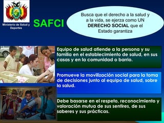 Ministerio de Salud y
Ministerio de Salud y
Deportes
Deportes
Ministerio de Salud y
Ministerio de Salud y
Deportes
Deportes
Busca que el derecho a la salud y
a la vida, se ejerza como UN
DERECHO SOCIAL que el
Estado garantiza
Equipo de salud atiende a la persona y su
familia en el establecimiento de salud, en sus
casas y en la comunidad o barrio.
Promueve la movilización social para la toma
de decisiones junto al equipo de salud, sobre
la salud.
Debe basarse en el respeto, reconocimiento y
valoración mutua de sus sentires, de sus
saberes y sus prácticas.
SAFCI
 