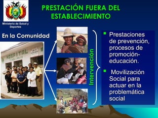 Ministerio de Salud y
Ministerio de Salud y
Deportes
Deportes
Ministerio de Salud y
Ministerio de Salud y
Deportes
Deportes
PRESTACIÓN FUERA DEL
PRESTACIÓN FUERA DEL
ESTABLECIMIENTO
ESTABLECIMIENTO
 Prestaciones
Prestaciones
de prevención,
de prevención,
procesos de
procesos de
promoción-
promoción-
educación.
educación.
 Movilización
Movilización
Social para
Social para
actuar en la
actuar en la
problemática
problemática
social
social
En la Comunidad
En la Comunidad
Intervención
Intervención
 