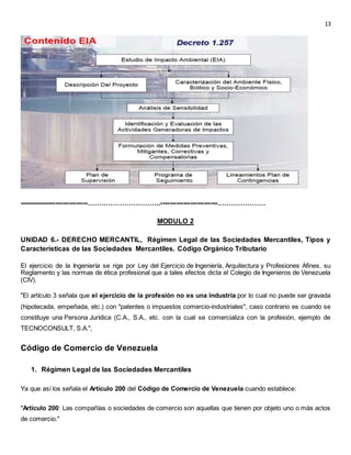 13
------------------------------…………………………..-------------------------…………………
MODULO 2
UNIDAD 6.- DERECHO MERCANTIL, Régimen Legal de las Sociedades Mercantiles, Tipos y
Características de las Sociedades Mercantiles. Código Orgánico Tributario
El ejercicio de la Ingeniería se rige por Ley del Ejercicio de Ingeniería, Arquitectura y Profesiones Afines, su
Reglamento y las normas de ética profesional que a tales efectos dicta el Colegio de Ingenieros de Venezuela
(CIV).
"El artículo 3 señala que el ejercicio de la profesión no es una industria por lo cual no puede ser gravada
(hipotecada, empeñada, etc.) con "patentes o impuestos comercio-industriales", caso contrario es cuando se
constituye una Persona Jurídica (C.A., S.A., etc. con la cual se comercializa con la profesión, ejemplo de
TECNOCONSULT, S.A.",
Código de Comercio de Venezuela
1. Régimen Legal de las Sociedades Mercantiles
Ya que así los señala el Artículo 200 del Código de Comercio de Venezuela cuando establece:
"Artículo 200: Las compañías o sociedades de comercio son aquellas que tienen por objeto uno o más actos
de comercio."
 