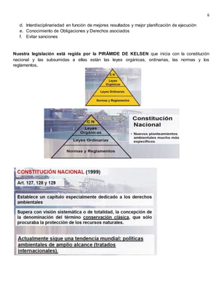 6
d. Interdisciplinariedad en función de mejores resultados y mejor planificación de ejecución
e. Conocimiento de Obligaciones y Derechos asociados
f. Evitar sanciones
Nuestra legislación está regida por la PIRÁMIDE DE KELSEN que inicia con la constitución
nacional y las subsumidas a ellas están las leyes orgánicas, ordinarias, las normas y los
reglamentos.
 