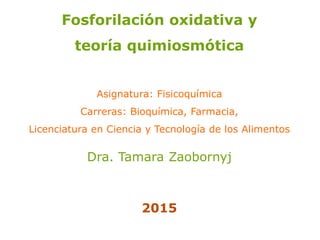 Fosforilación oxidativa y
teoría quimiosmótica
Asignatura: Fisicoquímica
Carreras: Bioquímica, Farmacia,
Licenciatura en Ciencia y Tecnología de los Alimentos
Dra. Tamara Zaobornyj
2015
 