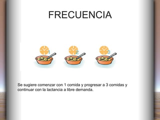 FRECUENCIA Se sugiere comenzar con 1 comida y progresar a 3 comidas y continuar con la lactancia a libre demanda. 