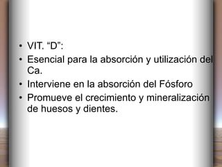 VIT. “D”: Esencial para la absorción y utilización del Ca. Interviene en la absorción del Fósforo Promueve el crecimiento y mineralización de huesos y dientes. 