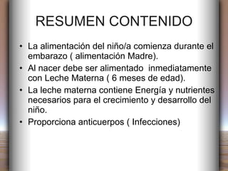RESUMEN CONTENIDO La alimentación del niño/a comienza durante el embarazo ( alimentación Madre). Al nacer debe ser alimentado  inmediatamente con Leche Materna ( 6 meses de edad). La leche materna contiene Energía y nutrientes necesarios para el crecimiento y desarrollo del niño. Proporciona anticuerpos ( Infecciones) 