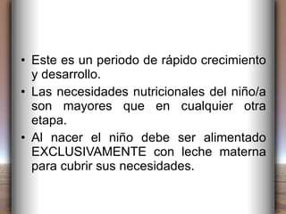 Este es un periodo de rápido crecimiento y desarrollo. Las necesidades nutricionales del niño/a son mayores que en cualquier otra etapa. Al nacer el niño debe ser alimentado EXCLUSIVAMENTE con leche materna para cubrir sus necesidades. 