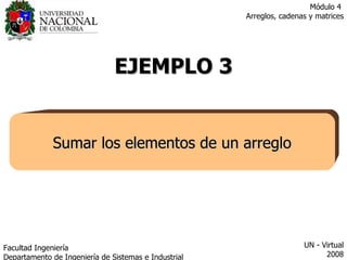 EJEMPLO 3 Sumar los elementos de un arreglo Facultad  Ingeniería Departamento de Ingeniería de Sistemas e Industrial  UN - Virtual 2008 Módulo 4  Arreglos, cadenas y matrices 
