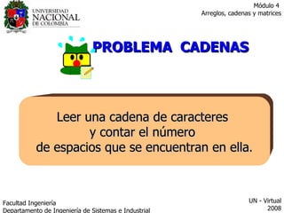 PROBLEMA  CADENAS Leer una cadena de caracteres  y contar el número  de espacios que se encuentran en ella . Facultad  Ingeniería Departamento de Ingeniería de Sistemas e Industrial  UN - Virtual 2008 Módulo 4  Arreglos, cadenas y matrices 