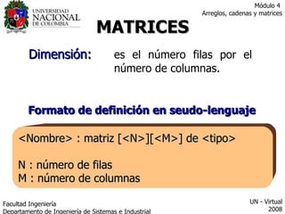 MATRICES Formato de definición en seudo-lenguaje <Nombre> : matriz [<N>][<M>] de <tipo> N : número de filas M : número de columnas Dimensión: es el número filas por el  número de columnas.   Facultad  Ingeniería Departamento de Ingeniería de Sistemas e Industrial  UN - Virtual 2008 Módulo 4  Arreglos, cadenas y matrices 