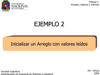 EJEMPLO 2 Inicializar un Arreglo con valores leídos Facultad  Ingeniería Departamento de Ingeniería de Sistemas e Industrial  UN - Virtual 2008 Módulo 4  Arreglos, cadenas y matrices 