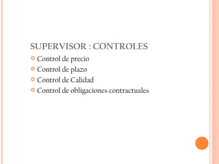SUPERVISOR : CONTROLES Control de precio Control de plazo Control de Calidad Control de obligaciones contractuales 