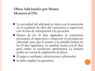 Obras Adicionales por Monto Menores al 15% La necesidad del adicional se inicia con la anotación en el cuaderno de obra del contratista o supervisor con 30 días de anticipación a la ejecución. Dentro de los 10 días siguientes el contratista presentará al supervisor o inspector el presupuesto adicional, para que lo remita a la entidad dentro de los 10 días siguientes. La entidad cuenta con 10 días para emitir su resolución aprobatoria. La demora podrá ser causal de ampliación de plazo. El pago es mediante valorizaciones adicionales Se debe ampliar las garantías. 