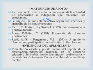 *MATERIALES DE APOYO.*
   Esto es con el fin de orientar la planeación de la actividad
    de observación o indagación que realizaran los


    estudiantes.
                             
    Se sugiere la consulta selectiva según sus intereses y
    encuadre de los siguiente textos.
   Fierro, C., Fortoul, B. y Rosas, L. (1999). Transformando la
    práctica docente.
   Marra Pelletier, C. (1998). Formación de docentes
    practicantes.
   Reed, A.J.S. y Bergemann, V.E. (2004). A guide to
    observation, participation and reflection in the clasrom.
             *EVIDENCIAS DEL APRENDIZAJE.*
   Presentación escrita y puesta común del reporte de la
    observación/indagación realizada en el escenario
    educativo de interés donde identifiquen problemática y
    necesidades de intervención en el ámbito de aprendizaje
    escolar.
 