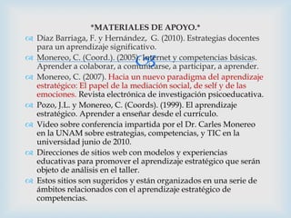 *MATERIALES DE APOYO.*
   Díaz Barriaga, F. y Hernández, G. (2010). Estrategias docentes
    para un aprendizaje significativo.

                               
    Monereo, C. (Coord.). (2005). Internet y competencias básicas.
    Aprender a colaborar, a comunicarse, a participar, a aprender.
   Monereo, C. (2007). Hacia un nuevo paradigma del aprendizaje
    estratégico: El papel de la mediación social, de self y de las
    emociones. Revista electrónica de investigación psicoeducativa.
   Pozo, J.L. y Monereo, C. (Coords). (1999). El aprendizaje
    estratégico. Aprender a enseñar desde el currículo.
   Video sobre conferencia impartida por el Dr. Carles Monereo
    en la UNAM sobre estrategias, competencias, y TIC en la
    universidad junio de 2010.
   Direcciones de sitios web con modelos y experiencias
    educativas para promover el aprendizaje estratégico que serán
    objeto de análisis en el taller.
   Estos sitios son sugeridos y están organizados en una serie de
    ámbitos relacionados con el aprendizaje estratégico de
    competencias.
 