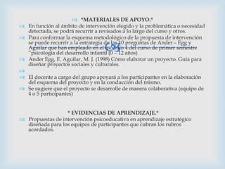  *MATERIALES DE APOYO.*
 En función al ámbito de intervención elegido y la problemática o necesidad
  detectada, se podrá recurrir a revisados a lo largo del curso y otros.
 Para conformar la esquema metodológico de la propuesta de intervención

                                  
  se puede recurrir a la estrategia de las 10 preguntas de Ander – Egg y
  Aguilar que han empleado en el modulo 4 del curso de primer semestre
  “psicología del desarrollo infantil (0 – 12 años)
 Ander Egg, E. Aguilar, M. J. (1998) Cómo elaborar un proyecto. Guía para
  diseñar proyectos sociales y culturales.

 El docente a cargo del grupo apoyará a los participantes en la elaboración
  del esquema del proyecto y en la conducción del mismo.
 Se sugiere que el proyecto se desarrolle de manera colaborativa (equipo de
  4 o 5 participantes)


                  * EVIDENCIAS DE APRENDIZAJE.*
 Propuestas de intervención psicoeducativa en aprendizaje estratégico
  diseñada para los equipos de participantes que cubran los rubros
  acordados.
 