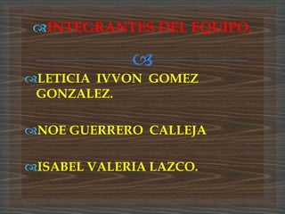 INTEGRANTES DEL EQUIPO.

             
LETICIA IVVON GOMEZ
 GONZALEZ.

NOE GUERRERO CALLEJA

ISABEL VALERIA LAZCO.
 