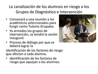 La canalización de los alumnos en riesgo a los
      Grupos de Diagnóstico e Intervención
• Convocará a una reunión a los
  académicos seleccionados para
  fungir como Tutores Grupales.
• Ya armados los grupos de
  intervención, se tendrá la sesión
  inaugural.
• Proceso de diálogo por que se
  deberá lograr la
identificación de los factores de riesgo
que afectan a cada alumno.
• identificación de los factores de
  riesgo que aquejan a los alumnos.
 
