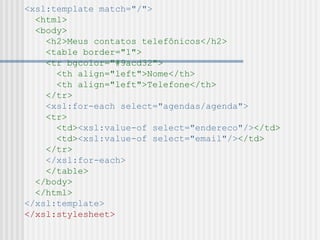 <xsl:template match="/">
<html>
<body>
<h2>Meus contatos telefônicos</h2>
<table border="1">
<tr bgcolor="#9acd32">
<th align="left">Nome</th>
<th align="left">Telefone</th>
</tr>
<xsl:for-each select="agendas/agenda">
<tr>
<td><xsl:value-of select="endereco"/></td>
<td><xsl:value-of select="email"/></td>
</tr>
</xsl:for-each>
</table>
</body>
</html>
</xsl:template>
</xsl:stylesheet>
 