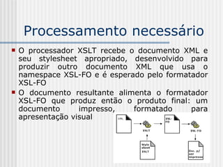 Processamento necessário
 O processador XSLT recebe o documento XML e
seu stylesheet apropriado, desenvolvido para
produzir outro documento XML que usa o
namespace XSL-FO e é esperado pelo formatador
XSL-FO
 O documento resultante alimenta o formatador
XSL-FO que produz então o produto final: um
documento impresso, formatado para
apresentação visual
 