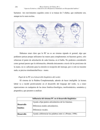 Massa Gutiérrez del Álamo, M. L.: 
“Aspectos Evolutivos y Educativos de la Respuesta al Alumnado con Discapacidad Auditiva” 
236 
haríamos tres movimientos seguidos como si se tratase de 3 sílabas, que oralmente son, 
aunque no lo sean escritas. 
Debemos tener claro que la PC no es un sistema signado ni gestual; algo que 
podíamos pensar porque utilizamos las manos para complementar; no hacemos gestos, solo 
refuerzan el punto de articulación de cada fonema, en el habla. No podemos considerarlo 
como gestual puesto que la información, obtenida únicamente a través de las posiciones de 
la mano, no es suficiente para la emisión ni recepción del mensaje, por si solo no trasmite 
nada, se precisa simultaneidad boca – mano. 
Papel de la PC en el desarrollo lingüístico del sordo: 
El sistema de la Palabra Complementada, además de hacer inteligible ,la lectura 
labial va a incidir positivamente en el desarrollo del lenguaje del sordo, va a tener 
repercusiones en cualquiera de las áreas fonética-fonológica, morfosintáctica, semántica y 
pragmática, que pasamos a analizar. 
Influencia del sistema PC en el desarrollo lingüístico 
Desarrollo 
fonético 
Ayuda a fijar puntos articulatorios de los fonemas. 
Diferencia modos articulatorios. 
Diferencia vocales. 
Desarrollo 
fonológico 
Ayuda a diferenciar las palabras entre sí. (Printer, 1996). 
 