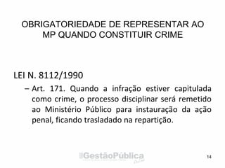 OBRIGATORIEDADE DE REPRESENTAR AO
MP QUANDO CONSTITUIR CRIME
LEI N. 8112/1990
– Art. 171. Quando a infração estiver capitulada
como crime, o processo disciplinar será remetido
ao Ministério Público para instauração da ação
penal, ficando trasladado na repartição.
14
 