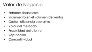 • Entradas financieras
• Incremento en el volumen de ventas
• Costos: eficiencia operativa
• Valor del mercado
• Proximidad del cliente
• Reputación
• Competitividad
Valor de Negocio
 