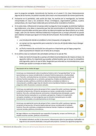 MÓDULO II COMPETENCIAS Y ESTÁNDARES DE APRENDIZAJE | Programa de Formación Docente Secundaria 2019
Ministerio de Educación | Dirección de Formación Docente en Servicio
- 21 -
para la pregunta escogida. (encontrarás las fuentes en el anexo I). En clase interpretaremos
algunas de las fuentes; así podrán recordar cómo hacer una interpretación de manera pertinente.
d. Incorporar en tu portafolio, cada sesión de clase, los avances de la investigación, las fuentes
interpretadas en clase y los productos (frisos cronológicos, organizadores gráficos, cuadros
comparativos, etc.) que hayan elaborado para contextualizar el problema histórico.
e. En la sexta clase, reflexionarán en pareja sobre la pregunta inicial escogida, las distintas hipótesis
que elaboraron, y las ideas o respuestas que han ido encontrando en las distintas fuentes. Esta
reflexión conjunta debe servirles para aclarar las ideas principales que desarrollarán en su texto.
Luego, cada uno de manera individual elaborará el esquema de su ensayo utilizando las pautas
para elaborar ensayos que siguen en el área de Comunicación. No te olvides que un ensayo debe
tener:
i. una introducción donde se establece tu tesis (respuesta a la pregunta),
ii. un cuerpo con los argumentos para sustentar tu tesis (es ahí donde debes hacer dialogar
a las fuentes) y,
iii. un final a manera de conclusión (en esta parte es importante que te hagas preguntas
sobre el presente en relación con el tema de tu ensayo).
f. En la sétima clase se realizarán dos actividades (ambas en la sala de TIC):
i. Cada uno leerá el ensayo de su pareja y brindará recomendaciones de mejora en base a la
siguiente rúbrica. Es importante que puedas señalar/resaltar qué es lo que tu compañero
está logrando y qué es lo que le falta. Asegúrate que entiende tus recomendaciones, pues
tendrá que ajustar su ensayo en base a ellas.
Descripción de los niveles de logro Nivel
Construye una interpretación sobre el problema histórico de la “prosperidad falaz” en las
que jerarquiza sus causas considerando el contexto histórico (secuencia, simultaneidad,
etc.). Para ello, contrasta diversas narraciones e interpretaciones del pasado, a partir de
distintas fuentes evaluadas en su contexto y perspectiva. Emplea consistentemente
conceptos sociales, políticos y económicos abstractos y complejos al elaborar su
interpretación y establece algún tipo de relación entre el problema histórico trabajado y
preguntas sobre situaciones o procesos actuales.
Construye una explicación acerca de porqué el Perú, a pesar de recibir cuantiosos ingresos,
se declaró en bancarrota. Al hacerlo, jerarquiza sus causas, considerando el contexto
histórico. Para ello, contrasta diversas narraciones e interpretaciones del pasado, a partir
de distintas fuentes evaluadas en su contexto y perspectiva. Emplea en la explicación
conceptos complejos y se hace preguntas que se vinculan al presente pero no están
directamente vinculadas a los planteamientos en el ensayo.
Construye una explicación acerca de porqué el Perú, a pesar de recibir cuantiosos ingresos,
se declaró en bancarrota. Al hacerlo explica diversas causas considerando el contexto
histórico. Para ello contrasta y complementa diversas fuentes. Emplea en la explicación
nociones sociales, políticas y económicas.
No logra elaborar una interpretación que responda a la pregunta, aunque usa fuentes y/o
emplea nociones sociales, políticas o económicas.
ii. De manera individual, escribe un documento, reflexionando sobre los aprendizajes realizados a lo
largo de las seis sesiones dedicadas a esta parte del proyecto. Contesta las siguientes preguntas:
 
