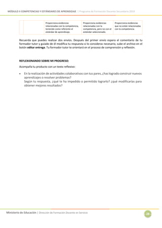 MÓDULO II COMPETENCIAS Y ESTÁNDARES DE APRENDIZAJE | Programa de Formación Docente Secundaria 2019
Ministerio de Educación | Dirección de Formación Docente en Servicio
- 28 -
Proporciona evidencias
relacionadas con la competencia,
teniendo como referente el
estándar de aprendizaje.
Proporciona evidencias
relacionadas con la
competencia, pero no con el
estándar seleccionado.
Proporciona evidencias
que no están relacionadas
con la competencia.
Recuerda que puedes realizar dos envíos. Después del primer envío espera el comentario de tu
formador tutor y guiado de él modifica tu respuesta si lo consideras necesario, sube el archivo en el
botón editar entrega. Tu formador tutor te orientará en el proceso de comprensión y reflexión.
REFLEXIONANDO SOBRE MI PROGRESO:
Acompaña tu producto con un texto reflexivo:
 En la realización de actividades colaborativas con tus pares, ¿has logrado construir nuevos
aprendizajes o resolver problemas?
Según tu respuesta, ¿qué te ha impedido o permitido lograrlo? ¿qué modificarías para
obtener mejores resultados?
 