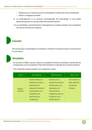 MÓDULO II COMPETENCIAS Y ESTÁNDARES DE APRENDIZAJE | Programa de Formación Docente Secundaria 2019
Ministerio de Educación | Dirección de Formación Docente en Servicio
- 9 -
- Plantearse en un tiempo cercano al desempeño o producción de los estudiantes.
- Utilizar un lenguaje accesible.
9. La metacognición es un proceso autorregulador del aprendizaje, el cual puede
potenciarse gracias a una adecuada intervención docente.
10. Las actividades y procedimientos metacognitivos se pueden enseñar a los estudiantes
de manera intencional y explícita.
EVALÚATE
Para autoevaluar tu aprendizaje, te invitamos a resolver el cuestionario que se encuentra en
el aula virtual.
REFLEXIONA
De acuerdo al CNEB, ¿de qué manera la evaluación formativa contribuye al desarrollo de
competencias en tus estudiantes? Describe utilizando un ejemplo de tu práctica docente.
Para responder puedes ayudarte con el siguiente cuadro:
Criterio Nivel suficiente Nivel en proceso Nivel en inicio
Establece
relaciones
Describe mediante un
ejemplo de su práctica
docente cómo la
evaluación formativa le
permite ayudar a sus
estudiantes en el
desarrollo de sus
competencias.
Describe cómo la
evaluación formativa le
permite ayudar a sus
estudiantes en el
desarrollo de sus
competencias, pero no
lo relaciona con su
práctica docente.
Hace referencia a
algún aspecto de
la evaluación
formativa.
 