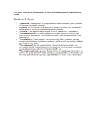 Conceptos importantes de manejar en la elaboración del reglamento de convivencia
escolar
Situaciones de Riesgo
 Agresividad: Corresponde a un comportamiento defensivo natural, como una forma
de enfrentar situaciones de riesgo.
 Conflicto: Involucra a dos o más personas que entran en oposición o desacuerdo
debido a interés verdadero o aparentemente incompatibles.
 Violencia: El uso ilegitimo del poder y de la fuerza, ya sea física o psicológica.
 Violencia psicológica: Incluye humillaciones, insultos amenazas, rumores mal
intencionados, aislamientos, discriminación en base a la orientación sexual, racial,
religiosa, etc.
 Violencia física: Es toda agresión física que provoca daño o malestar: patadas,
empujones, cachetadas, manotazos, mordidas, arañazos, etc. que pueden realizarse
con el cuerpo o un objeto .
 Violencia sexual: Son las agresiones que vulneran los límites corporales con
connotación sexual. Incluye tocaciones, insinuaciones, comentarios de connotación
sexual, abuso sexual, violación, intento de violación, etc.
 Violencia por razones de género: Son agresiones provocadas por estereotipos de
género, que afecta principalmente a las mujeres, aunque también podría afectar a los
hombres. Se funda en la supuesta superioridad de uno de los sexos sobre el otro.
 