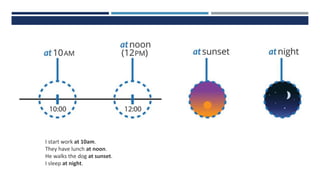 I start work at 10am.
They have lunch at noon.
He walks the dog at sunset.
I sleep at night.
 