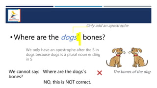 • Where are the dogs´ bones?
Only add an apostrophe
We only have an apostrophe after the S in
dogs because dogs is a plural noun ending
in S
We cannot say: Where are the dogs´s
bones?
NO, this is NOT correct.
The bones of the dog
 