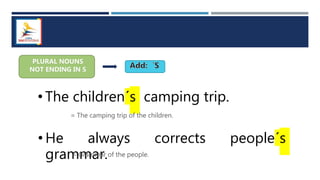 PLURAL NOUNS
NOT ENDING IN S
• The children´s camping trip.
= The camping trip of the children.
• He always corrects people´s
grammar.
= Grammar of the people.
 