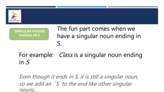 The fun part comes when we
have a singular noun ending in
S.
SINGULAR NOUNS
ENDING IN S
For example: Class is a singular noun ending
in S
Even though it ends in S, it is still a singular noun,
so we add an ´S to the end like other singular
nouns…
 