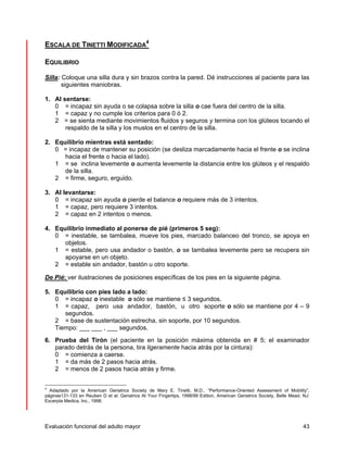 ESCALA DE TINETTI MODIFICADA4 
EQUILIBRIO 
Silla: Coloque una silla dura y sin brazos contra la pared. Dé instrucciones al paciente para las 
siguientes maniobras. 
1. Al sentarse: 
0 = incapaz sin ayuda o se colapsa sobre la silla o cae fuera del centro de la silla. 
1 = capaz y no cumple los criterios para 0 ó 2. 
2 = se sienta mediante movimientos fluidos y seguros y termina con los glúteos tocando el 
respaldo de la silla y los muslos en el centro de la silla. 
2. Equilibrio mientras está sentado: 
0 = incapaz de mantener su posición (se desliza marcadamente hacia el frente o se inclina 
hacia el frente o hacia el lado). 
1 = se inclina levemente o aumenta levemente la distancia entre los glúteos y el respaldo 
de la silla. 
2 = firme, seguro, erguido. 
3. Al levantarse: 
0 = incapaz sin ayuda o pierde el balance o requiere más de 3 intentos. 
1 = capaz, pero requiere 3 intentos. 
2 = capaz en 2 intentos o menos. 
4. Equilibrio inmediato al ponerse de pié (primeros 5 seg): 
0 = inestable, se tambalea, mueve los pies, marcado balanceo del tronco, se apoya en 
objetos. 
1 = estable, pero usa andador o bastón, o se tambalea levemente pero se recupera sin 
apoyarse en un objeto. 
2 = estable sin andador, bastón u otro soporte. 
De Pié: ver ilustraciones de posiciones específicas de los pies en la siguiente página. 
5. Equilibrio con pies lado a lado: 
0 = incapaz o inestable o sólo se mantiene ≤ 3 segundos. 
1 = capaz, pero usa andador, bastón, u otro soporte o sólo se mantiene por 4 – 9 
segundos. 
2 = base de sustentación estrecha, sin soporte, por 10 segundos. 
Tiempo: ___ ___ , ___ segundos. 
6. Prueba del Tirón (el paciente en la posición máxima obtenida en # 5; el examinador 
parado detrás de la persona, tira ligeramente hacia atrás por la cintura): 
0 = comienza a caerse. 
1 = da más de 2 pasos hacia atrás. 
2 = menos de 2 pasos hacia atrás y firme. 
4 Adaptado por la American Geriatrics Society de Mary E. Tinetti, M.D., “Performance-Oriented Assessment of Mobility”, 
páginas131-133 en Reuben D et al. Geriatrics At Your Fingertips, 1998/99 Edition, American Geriatrics Society, Belle Mead, NJ: 
Excerpta Medica, Inc., 1998. 
Evaluación funcional del adulto mayor 43 
 