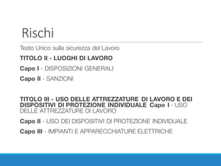 Rischi
Testo Unico sulla sicurezza del Lavoro 
TITOLO II - LUOGHI DI LAVORO
Capo I - DISPOSIZIONI GENERALI
Capo II - SANZIONI
TITOLO III - USO DELLE ATTREZZATURE DI LAVORO E DEI
DISPOSITIVI DI PROTEZIONE INDIVIDUALE Capo I - USO
DELLE ATTREZZATURE DI LAVORO
Capo II - USO DEI DISPOSITIVI DI PROTEZIONE INDIVIDUALE
Capo III - IMPIANTI E APPARECCHIATURE ELETTRICHE
 