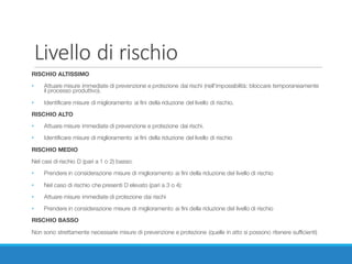 Livello	di	rischio
RISCHIO ALTISSIMO
• Attuare misure immediate di prevenzione e protezione dai rischi (nell'impossibilità: bloccare temporaneamente
il processo produttivo).
• Identificare misure di miglioramento ai fini della riduzione del livello di rischio.
RISCHIO ALTO
• Attuare misure immediate di prevenzione e protezione dai rischi.
• Identificare misure di miglioramento ai fini della riduzione del livello di rischio
RISCHIO MEDIO
Nel casi di rischio D (pari a 1 o 2) basso:
• Prendere in considerazione misure di miglioramento ai fini della riduzione del livello di rischio
• Nel caso di rischio che presenti D elevato (pari a 3 o 4):
• Attuare misure immediate di protezione dai rischi
• Prendere in considerazione misure di miglioramento ai fini della riduzione del livello di rischio
RISCHIO BASSO
Non sono strettamente necessarie misure di prevenzione e protezione (quelle in atto si possono ritenere sufficienti)
 